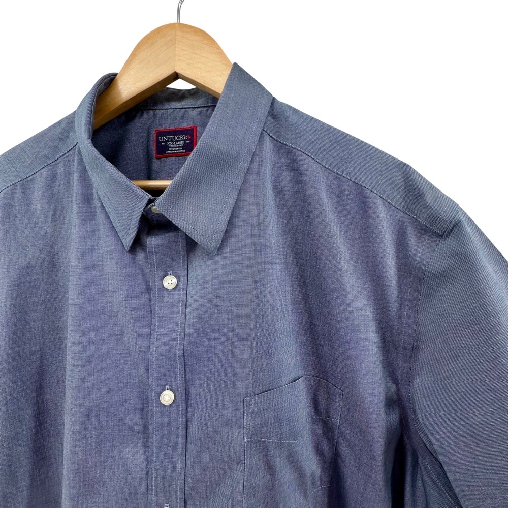 UNTUCKit Mens XXL Blue Wrinkle Free Cotton Micro Check Short Sleeve Button Shirt